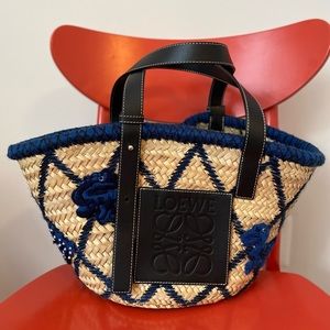 Loewe Blue Multi Medium Animal-Embroidered Raffia Basket Bag